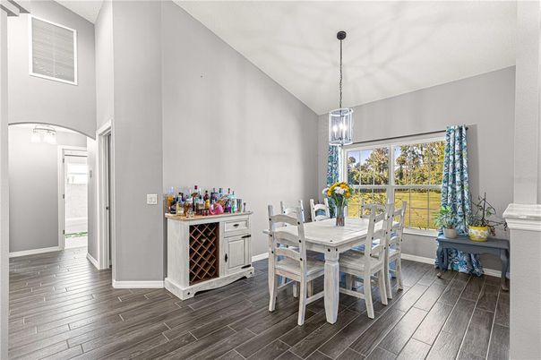 Dining room, Interior, Pendant Lights, Wood Texture Flooring