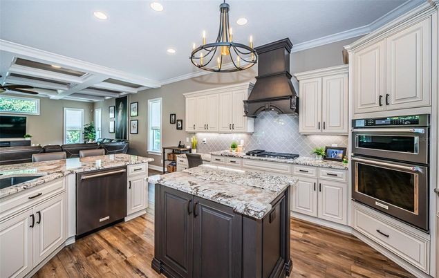 Chandelier, Interior, Kitchen, Recessed Lighting, Stainless Steel Appliances, Wood Texture Flooring