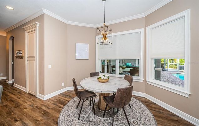 Dining room, Interior, Pendant Lights, Recessed Lighting, Wood Texture Flooring