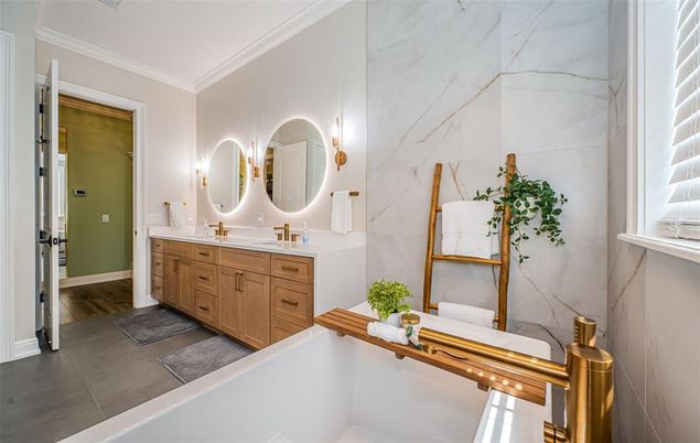 Bathroom, Dual Sink Vanities, Interior, Marble Walls, Wood Texture Flooring