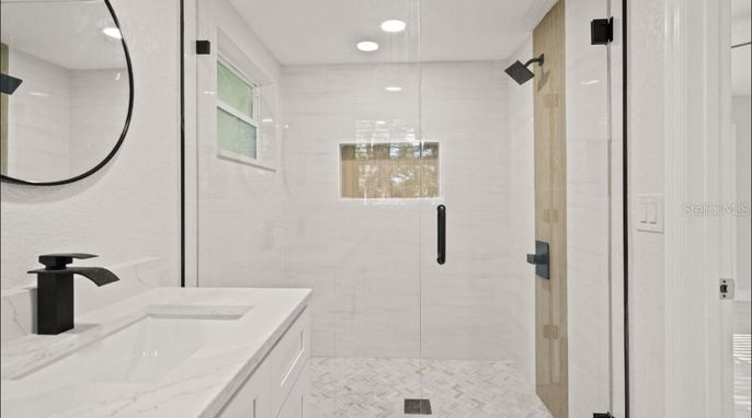 Bathroom, Glass Shower, Interior, Marble Walls, Recessed Lighting