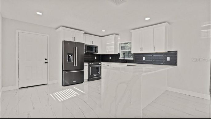 Interior, Kitchen, Marble, Recessed Lighting, Stainless Steel Appliances