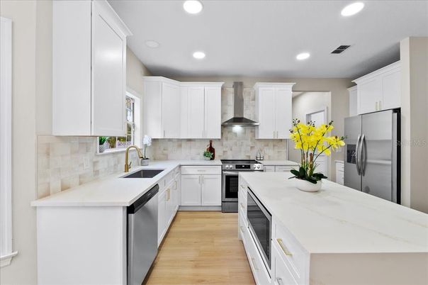Interior, Kitchen, Recessed Lighting, Stainless Steel Appliances, Wood Texture Flooring