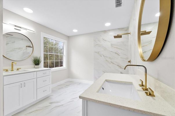 Bathroom, Dual Sink Vanities, Interior, Marble, Marble Walls, Recessed Lighting