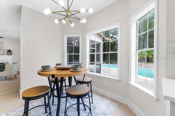 Dining room, Interior, Pendant Lights, Wood Texture Flooring