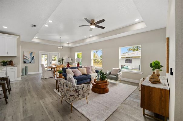 Dining room, Interior, Living room, Pendant Lights, Recessed Lighting, Wood Texture Flooring