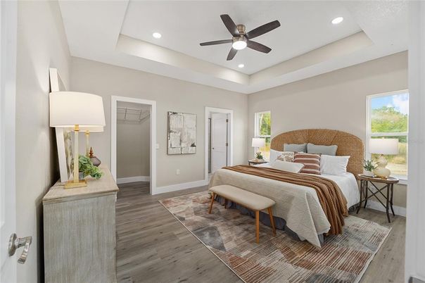 Bedroom, Interior, Recessed Lighting, Wood Texture Flooring