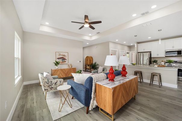 Interior, Kitchen, Living room, Recessed Lighting, Stainless Steel Appliances, Wood Texture Flooring