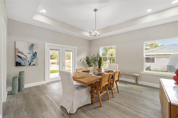 Dining room, Interior, Pendant Lights, Recessed Lighting, Wood Texture Flooring