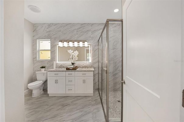 Bathroom, Glass Shower, Interior, Marble, Marble Walls, Recessed Lighting