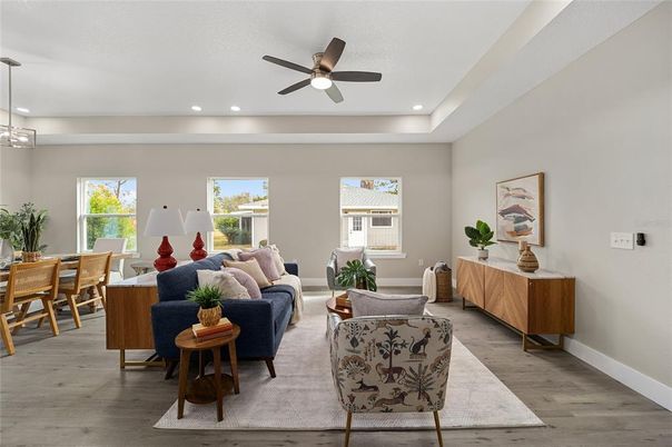 Dining room, Interior, Living room, Pendant Lights, Recessed Lighting, Wood Texture Flooring