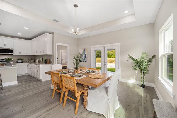 Dining room, Interior, Kitchen, Pendant Lights, Recessed Lighting, Wood Texture Flooring