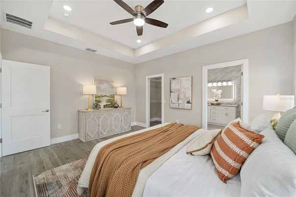 Bedroom, Interior, Recessed Lighting, Wood Texture Flooring