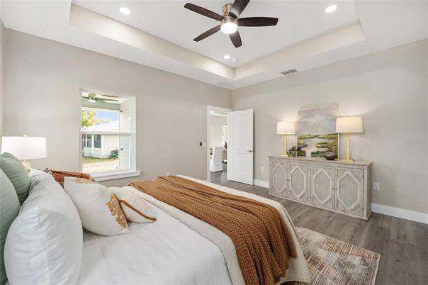 Bedroom, Interior, Recessed Lighting, Wood Texture Flooring