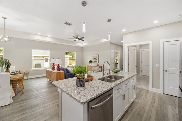 Dining room, Interior, Kitchen, Pendant Lights, Recessed Lighting, Wood Texture Flooring