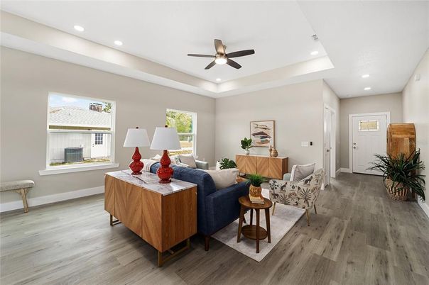 Interior, Living room, Recessed Lighting, Wood Texture Flooring