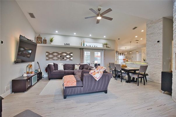 Dining room, Interior, Kitchen, Living room, Pendant Lights, Recessed Lighting, Stone Walls, Wood Texture Flooring