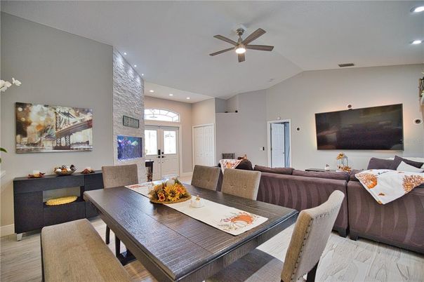 Dining room, Interior, Living room, Recessed Lighting, Wood Texture Flooring
