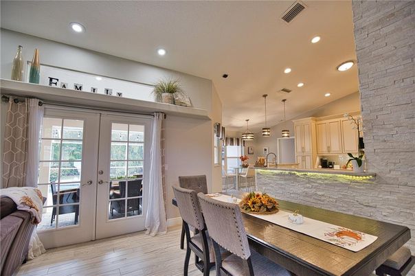 Dining room, Interior, Kitchen, Pendant Lights, Recessed Lighting, Stone Walls, Wood Texture Flooring