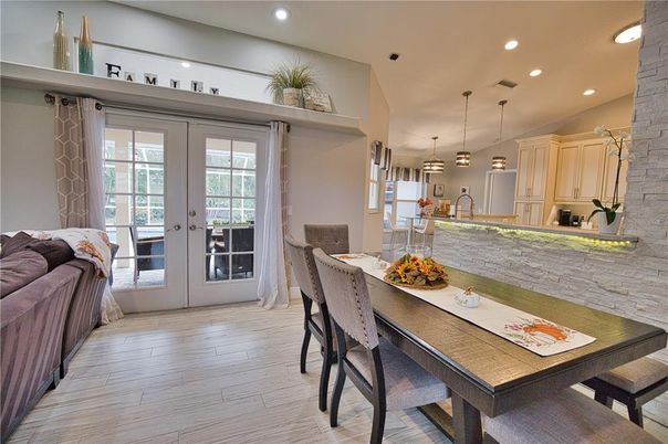 Dining room, Interior, Kitchen, Pendant Lights, Recessed Lighting, Stone Walls, Wood Texture Flooring