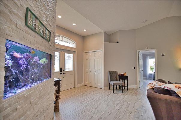 Interior, Marble, Recessed Lighting, Stone Walls, Wood Texture Flooring