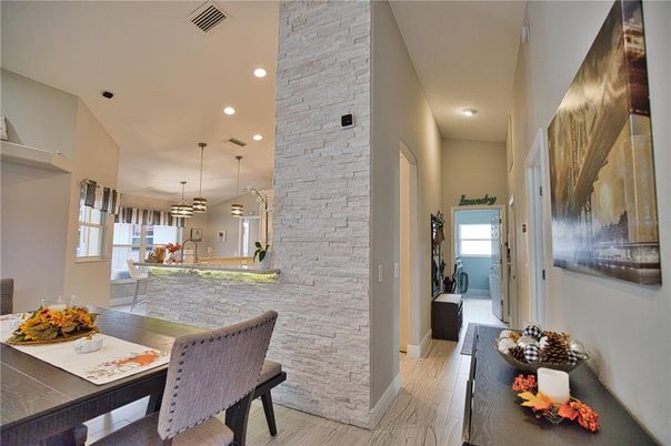 Dining room, Interior, Kitchen, Pendant Lights, Recessed Lighting, Stone Walls