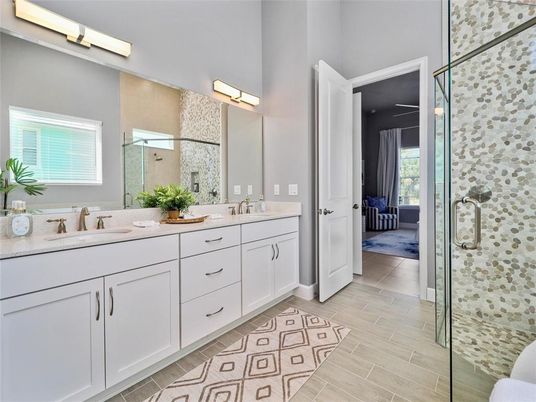 Bathroom, Glass Shower, Interior, Wood Texture Flooring