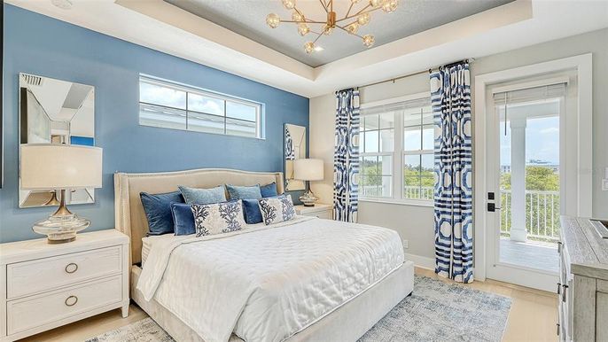 Bedroom, Interior, Pendant Lights, Wood Texture Flooring