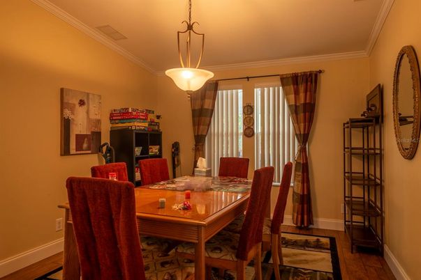 Dining room, Interior, Pendant Lights, Wood Texture Flooring