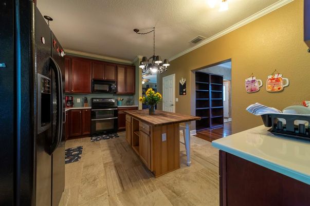 Chandelier, Interior, Kitchen, Pendant Lights, Stainless Steel Appliances, Wood Texture Flooring