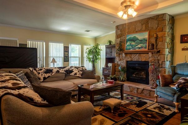 Fireplace, Interior, Living room, Stone Walls, Wood Texture Flooring