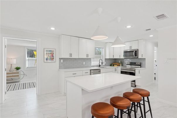 Interior, Kitchen, Marble, Pendant Lights, Recessed Lighting, Stainless Steel Appliances