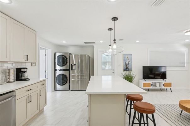 Interior, Kitchen, Marble, Pendant Lights, Recessed Lighting, Stainless Steel Appliances, Washer