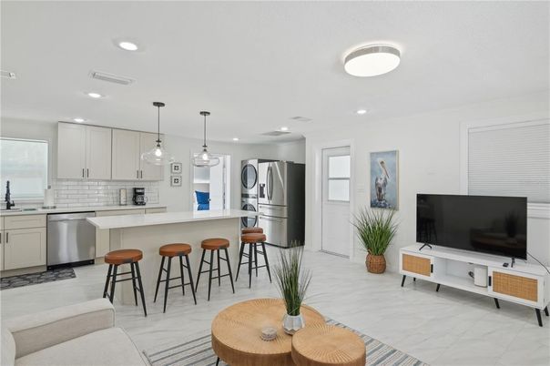 Interior, Kitchen, Marble, Pendant Lights, Recessed Lighting, Stainless Steel Appliances
