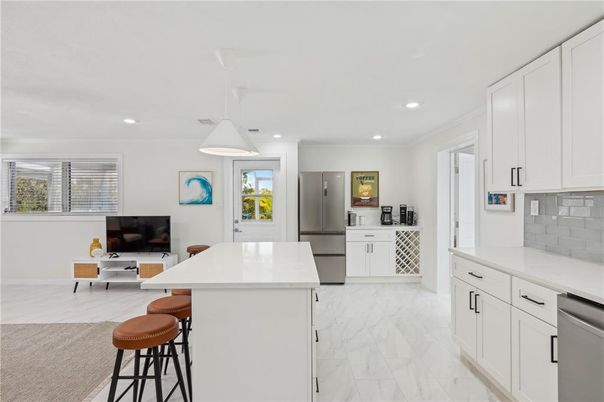 Interior, Kitchen, Marble, Pendant Lights, Recessed Lighting, Stainless Steel Appliances
