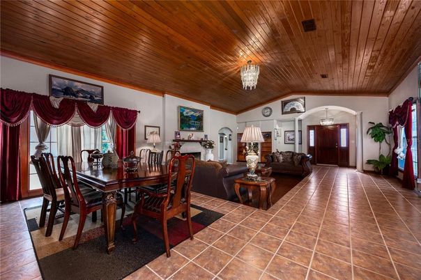 Dining room, Fireplace, Interior, Living room, Wooden Ceilings