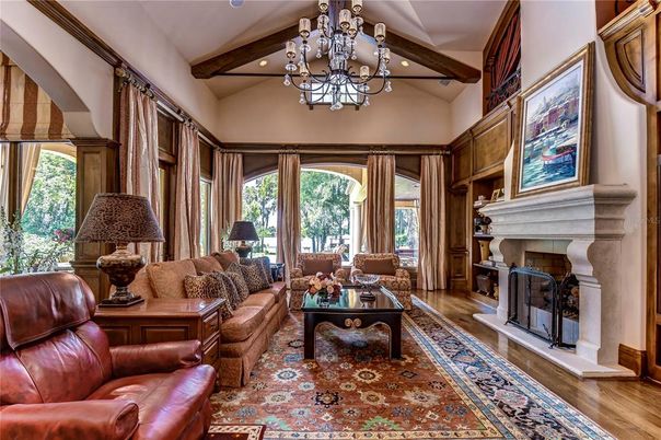 Chandelier, Fireplace, Interior, Living room, Recessed Lighting, Wooden Beams, Wood Texture Flooring