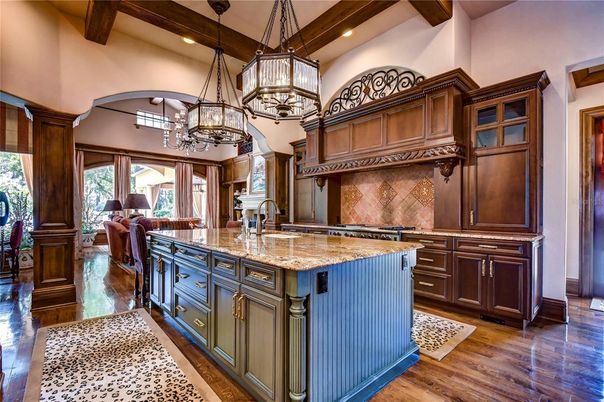 Chandelier, Interior, Kitchen, Pendant Lights, Recessed Lighting, Wooden Beams, Wood Texture Flooring