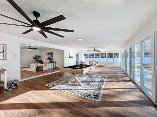 Billiard Table, Game Room, Interior, Recessed Lighting, Wood Texture Flooring