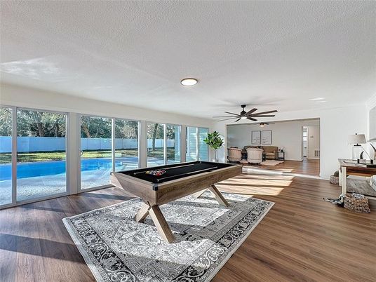 Billiard Table, Game Room, Interior, Recessed Lighting, Water, Wood Texture Flooring