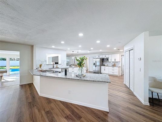Interior, Kitchen, Pendant Lights, Recessed Lighting, Stainless Steel Appliances, Wood Texture Flooring
