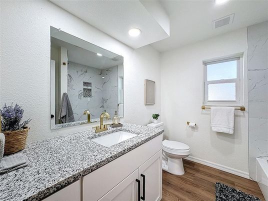 Bathroom, Interior, Marble Walls, Recessed Lighting, Wood Texture Flooring