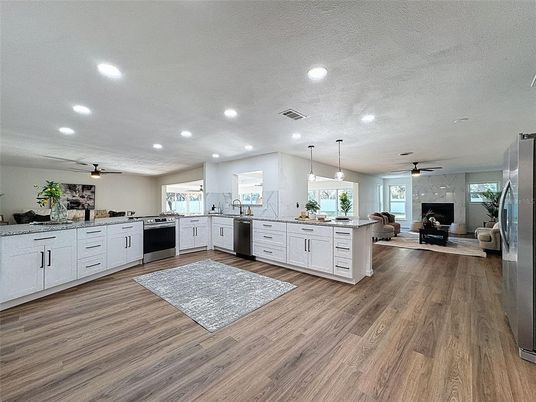 Interior, Kitchen, Pendant Lights, Recessed Lighting, Stainless Steel Appliances, Wood Texture Flooring