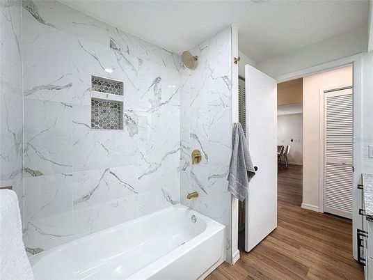 Bathroom, Interior, Marble Walls, Wood Texture Flooring