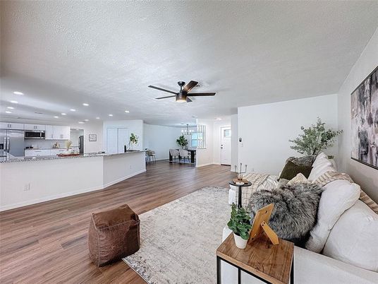 Interior, Kitchen, Living room, Recessed Lighting, Stainless Steel Appliances, Wood Texture Flooring