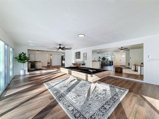 Billiard Table, Game Room, Interior, Recessed Lighting, Wood Texture Flooring