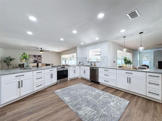 Interior, Kitchen, Pendant Lights, Recessed Lighting, Wood Texture Flooring