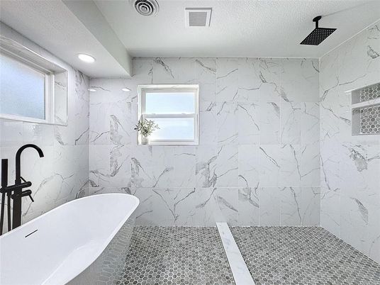 Bathroom, Free Standing Baths, Interior, Marble Walls, Recessed Lighting