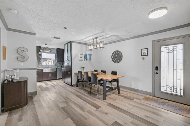 Dining room, Interior, Pendant Lights, Wood Texture Flooring