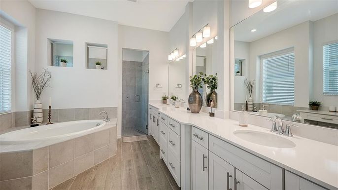 Bathroom, Dual Sink Vanities, Interior, Recessed Lighting, Wood Texture Flooring